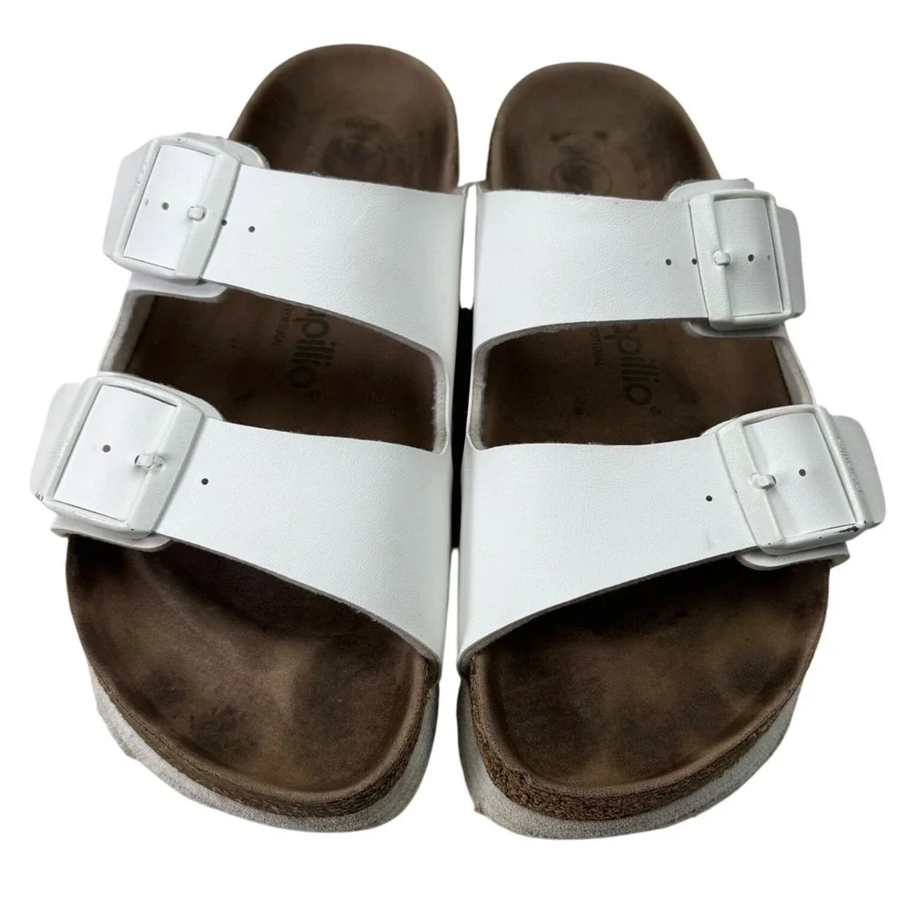 Papillio Birkenstock Arizona Platform Sandals Womens 38 7-7.5 White Vegan‎ Slide